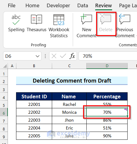 Delete Comment from Draft in Excel