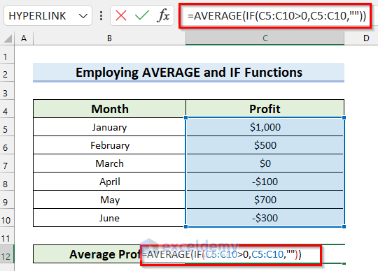 Employing AVERAGE and IF Functions to Average Values Greater than Zero in Excel