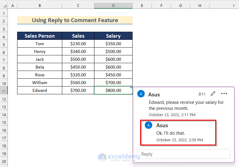 How to Reply to a Comment in Excel