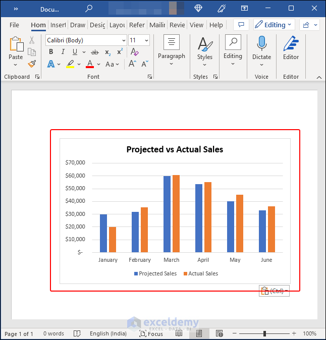 chart is pasted in word and linked to Excel