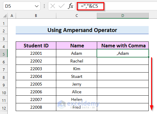 Dragging Fill Handle to Add Comma Before Text in Excel 