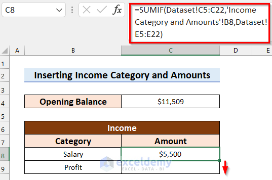 Dragging Fill Handle to Copy Formula to Create a personal Cash Flow Statement in Excel