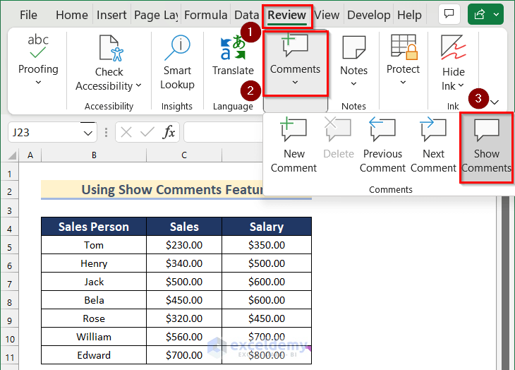 Reply to a Comment from Show Comments Feature in Excel