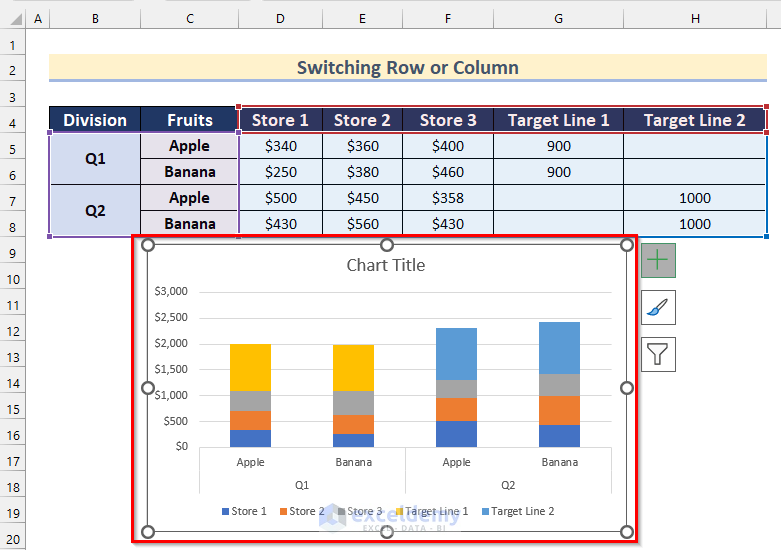 Series Chart Type Changing to Add Lines to Create Clustered Stacked Column Combo Chart with Lines in Excel