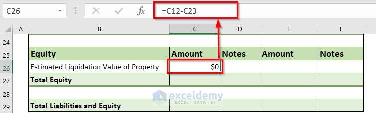 Detail Calculation for Rental Property Balance Sheet in Excel
