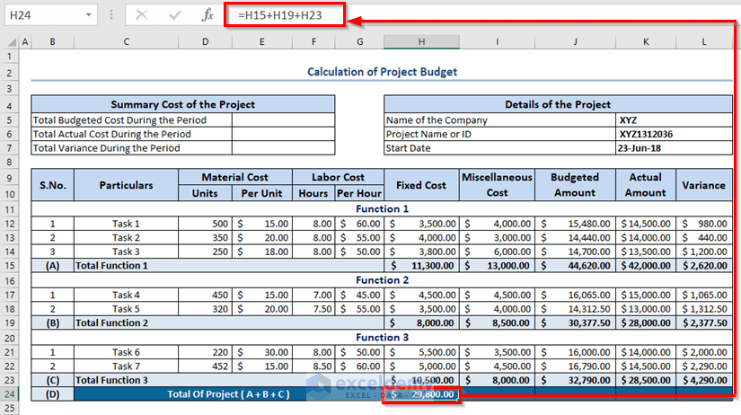 calculating total cost of the entire project