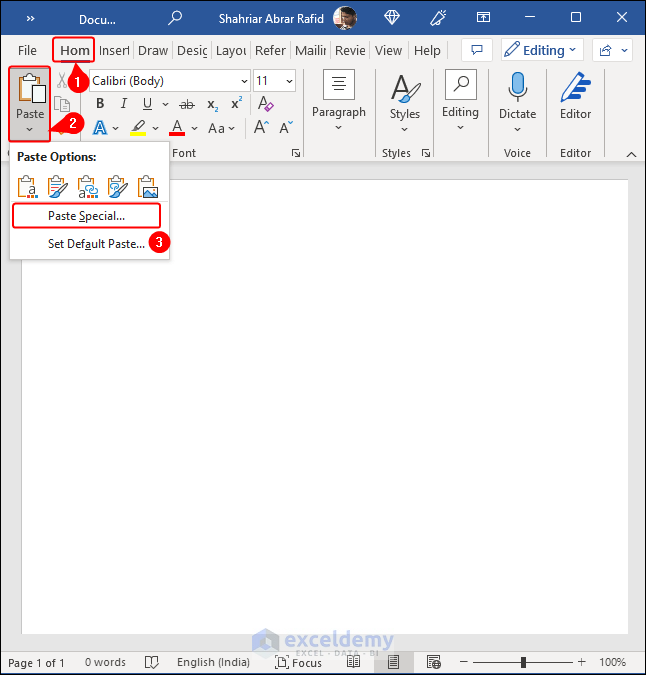 clicking on Paste Special command in Word
