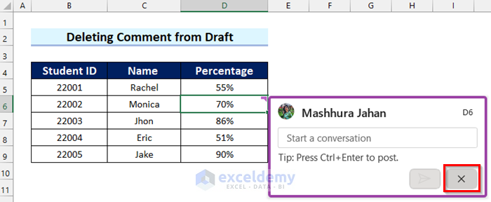 Selecting Cross Button When you Cannot Delete Comment in Excel