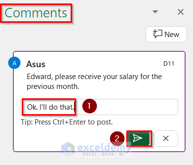 Opening Comments Toolbox to Reply to a Comment in Excel 