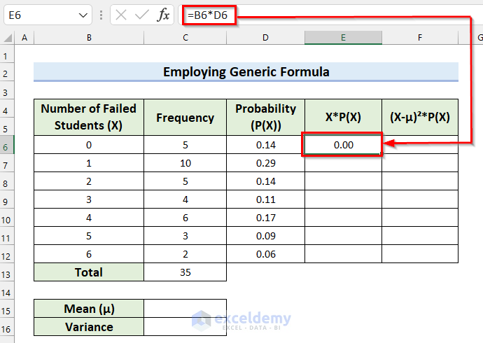 Calculating Mean to get Variance of Probability Distribution in Excel