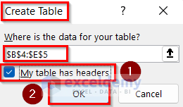 Opening Create Table Box to Create Budget and Expense Tracker in Excel