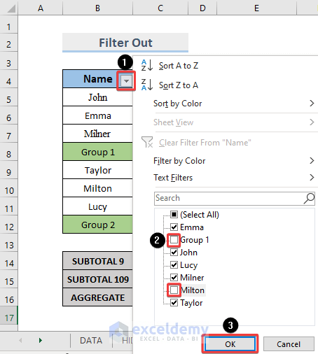 Clicking on the drop down menu to filter out Group 1 and Milton and press OK