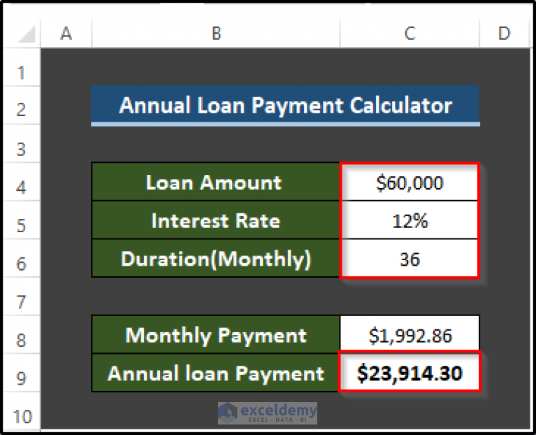 how-to-create-annual-loan-payment-calculator-in-excel-3-ways