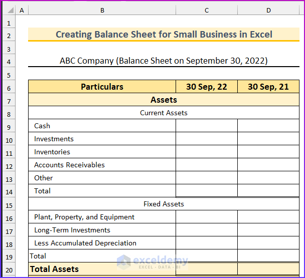 Setting Up Balance Sheet Format to Create Balance Sheet for Small Business in Excel