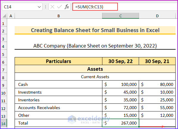 Entering the Values to Create Balance Sheet for Small Business in Excel