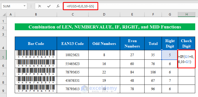 Combining LEN, NUMBERVALUE, IF, RIGHT, and MID Functions for Barcode Check Digit