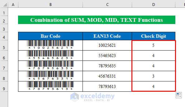 Calculate Barcode Check Digit Formula with SUM, MOD, MID, and TEXT Functions