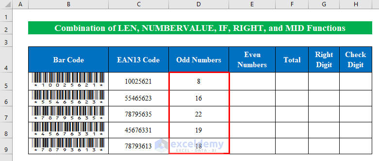 Combining LEN, NUMBERVALUE, IF, RIGHT, and MID Functions for Barcode Check Digit