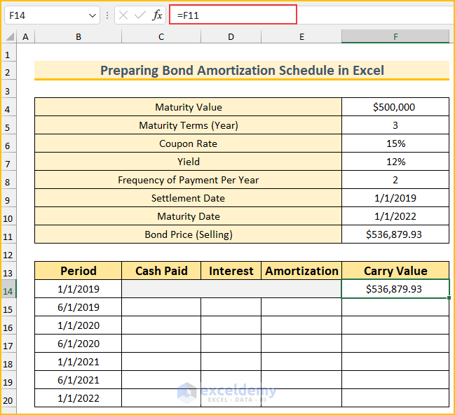Inserting Initial Carrying Value to Prepare Bond Amortization Schedule in Excel