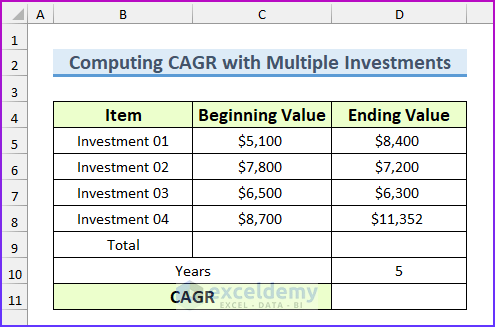Calculate CAGR with Multiple Investments in Excel