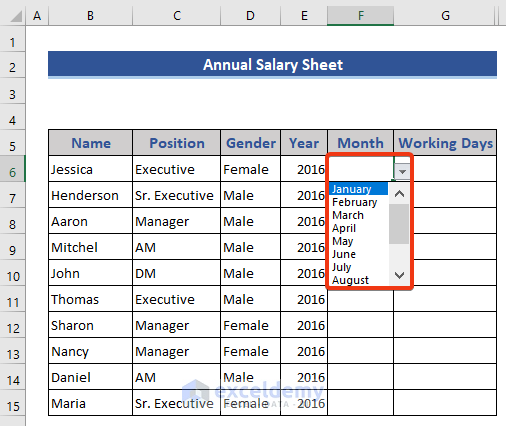 Select month from drop-down list in calculating annual salary