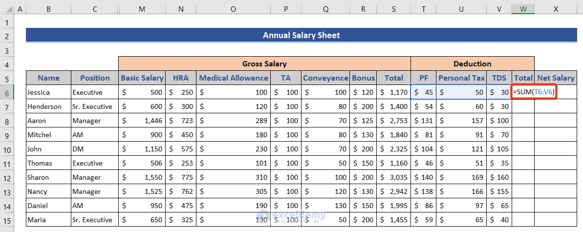 Total deduction in calculating annual salary