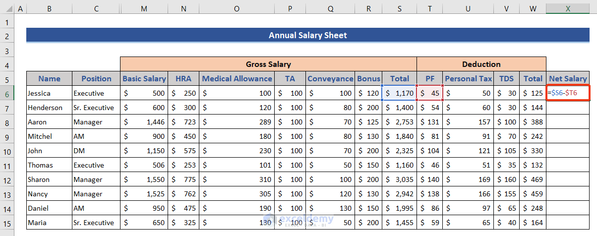 Formula for net salary in Excel