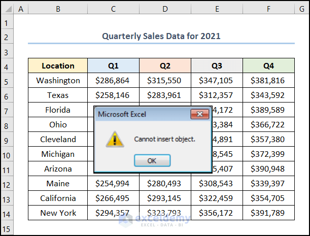 cannot insert object in excel