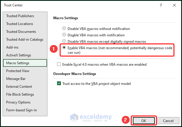 fixing cannot insert object in excel by changing macro settings