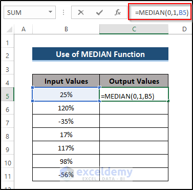 Use of MEDIAN Function to Cap Percentage Values Between 0 and 100 in Excel