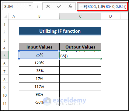 Utilizing IF function to Cap Percentage Values Between 0 and 100 in Excel