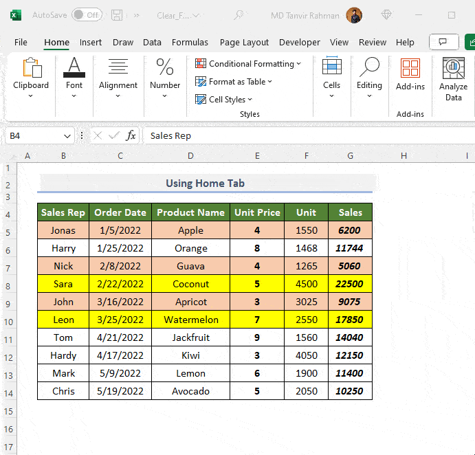Clear formatting in Excel