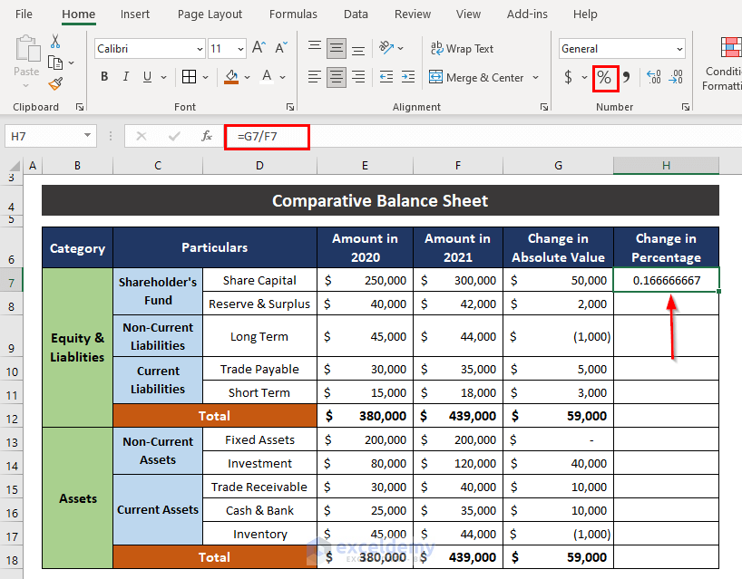 Change in Amount in Comparative Balance Sheet Format in Excel