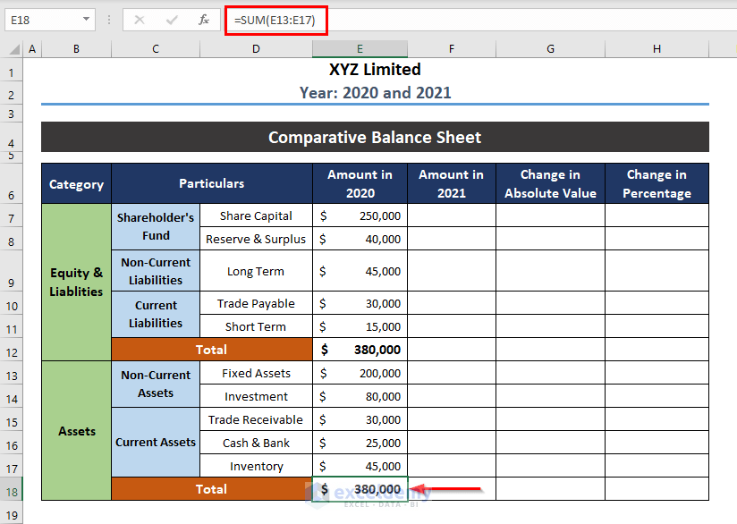 Balance for One Year in Comparative Balance Sheet in Excel