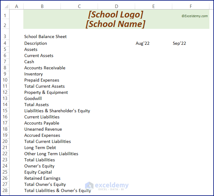 Components of School Balance Sheet Format in Excel