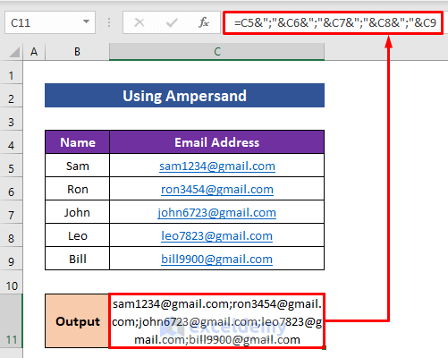 Using Ampersand to Concatenate Email Addresses in Excel