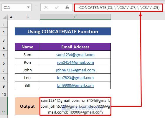 Using CONCATENATE Function to Combine Email Addresses