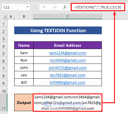 Using TEXTJOIN Function to Merge Email Addresses in Excel