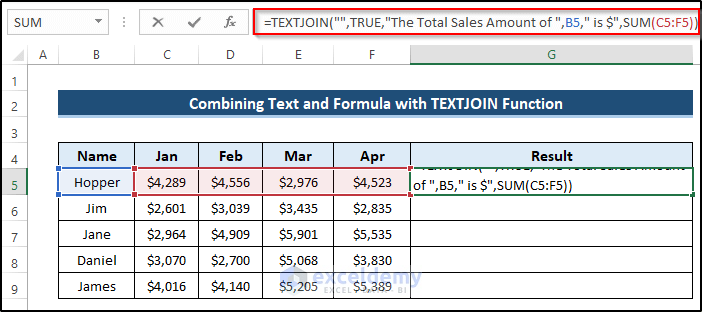 Combining Text and Formula with TEXTJOIN Function