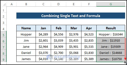 Combine Single Text and Formula in Excel