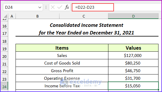 Income before Tax from Consolidation of Financial Statements in Excel