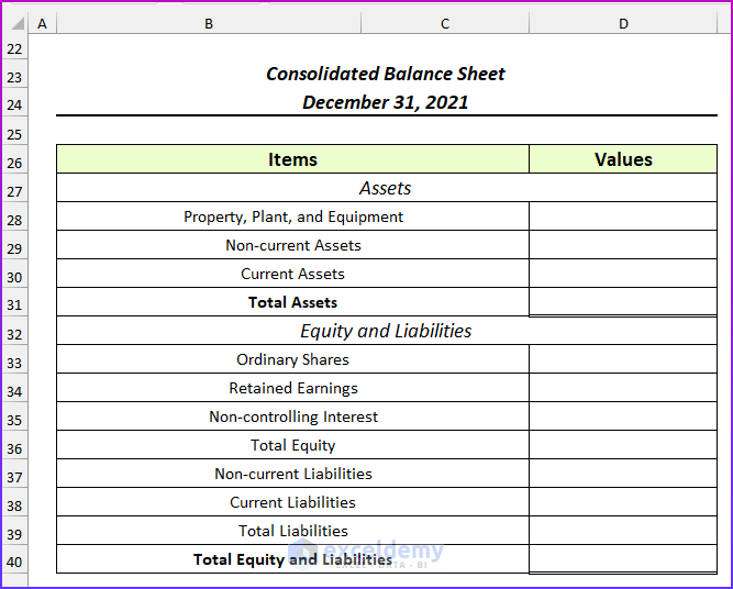 Format of Consolidation of Financial Statements in Excel