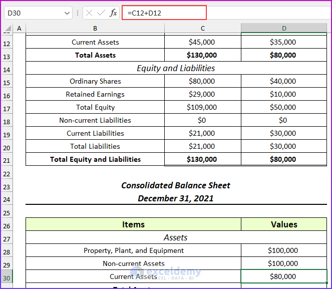 Current Assets of Consolidation of Financial Statements in Excel