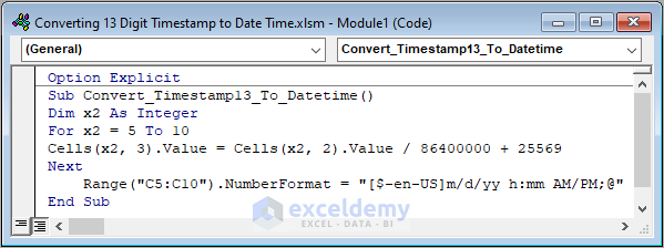 VBA Code to Convert 13 Digit Timestamp to Date Time in Excel