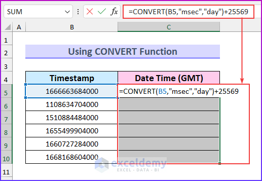 Using CONVERT Function for Converting 13 Digit Timestamp to Date Time Excel