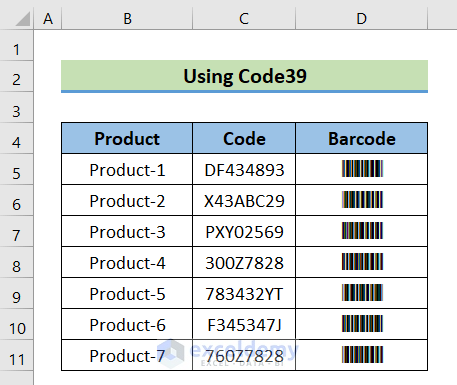 Barcode of the product using Code39