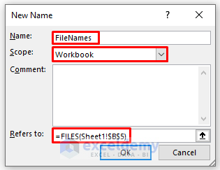 Set Name and Refers to Copy File Names from Folder to Excel