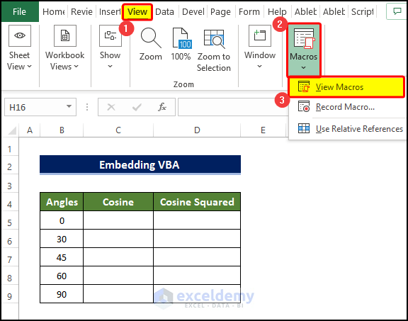 view macros to make angles cos squared in excel