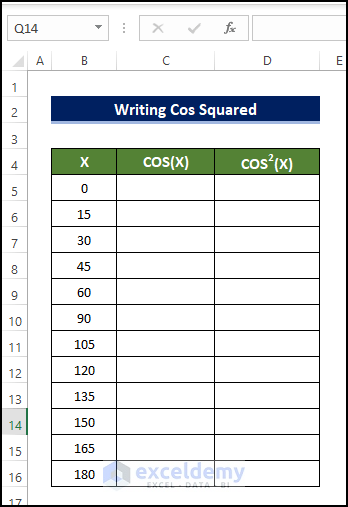 Write Cos Squared in Excel