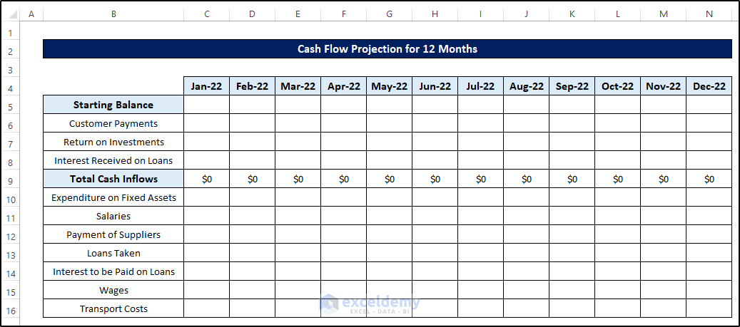 Provide All Cash Outflows to Create Cash Flow Projection for 12 Months in Excel